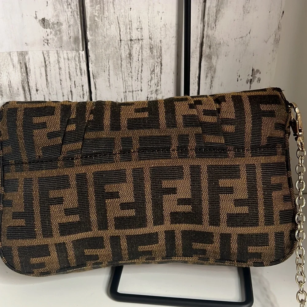 Fendi Vintage Zucca Baguette Shoulder Bag Brown Monogram Canvas Chain Strap - Picture 5 of 14